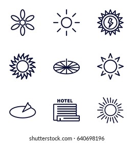 Sunlight icons set. set of 9 sunlight outline icons such as sun, sun battery