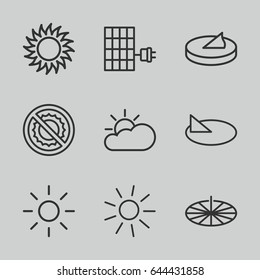 Sunlight icons set. set of 9 sunlight outline icons such as sun, no brightness, sun cloud, solar panel