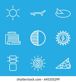 Sunlight icons set. set of 9 sunlight outline icons such as sun, cargo only in box allowed, brightness, sun battery, sundial