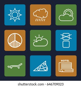 Sunlight icons set. set of 9 sunlight outline icons such as sun, cargo only in box allowed, brightness, sun cloud