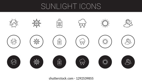 sunlight icons set. Collection of sunlight with moon, sun, sun lotion, raining. Editable and scalable sunlight icons.
