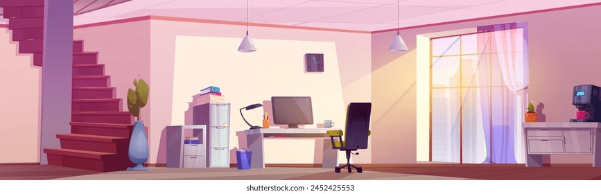Sunlight inside house with work desk and staircase. Home office interior with computer table, chair, window and furniture for online freelance job. Remote workplace with coffee machine and plant