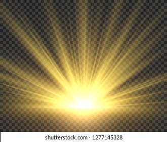 Sunlight isolated. Golden sun rays radiance. Yellow bright spotlight transparent sunshine starburst illustration