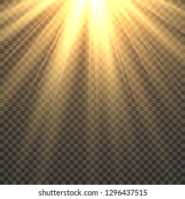 Sunlight isolated. Sun light effect golden sun rays radiance. Yellow bright beams fiery sunset sunshine starburst vector illustration