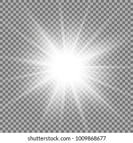 Sunlight with lens flare effect, shining star on transparent background, light effect, white color