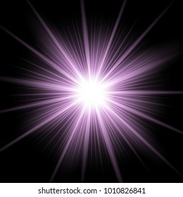 Sunlight with lens flare effect, shining star on black background, light effect, purple color