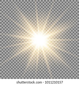 Sunlight with lens flare effect, shining star on transparent background, light effect, golden color