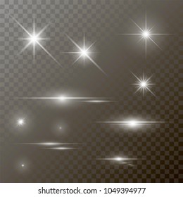 Sunlight with lens flare effect, shining star on transparent background, light effect