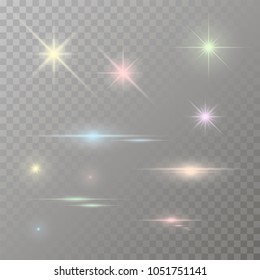 Sunlight with lens flare effect, shining star on transparent background, light effect