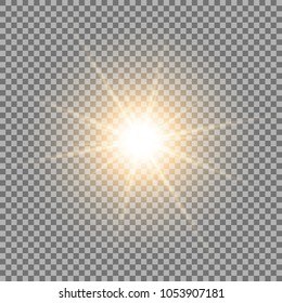 Sunlight with lens flare effect, shining star on transparent background, light effect, golden color