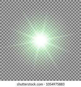 Sunlight with lens flare effect, shining star on transparent background, light effect, green color