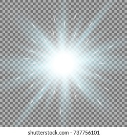 Sunlight with lens flare effect, shining star on transparent background, aqua color