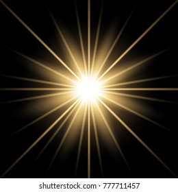 Sunlight with lens flare effect, shining star on black background, light effect, golden color