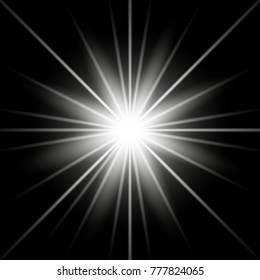 Sunlight with lens flare effect, shining star on black background, light effect, white color