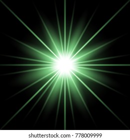 Sunlight with lens flare effect, shining star on black background, light effect, green color