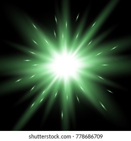 Sunlight with lens flare effect, shining star on black background, light effect, green color