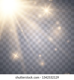 Sunlight lens flare light effect. Sun rays with beams isolated on transparent background. Vector illustration EPS10.