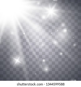 Sunlight lens flare light effect. Sun rays with beams isolated on transparent background. Vector illustration EPS10.