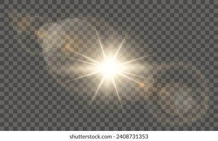 Sunlight lens flare light effect with warm golden sunrays, transparent vector design