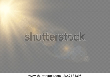sunlight with lens flare on transparent background, gold bokeh lights