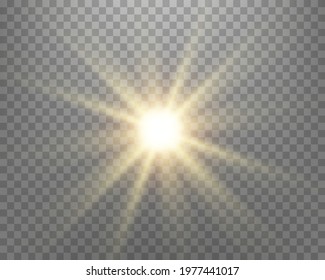 Sunlight lens flare, sun flash with rays and spotlight. Gold glowing burst explosion on a transparent background.  
Vector illustration.