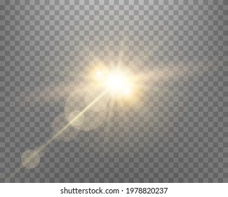 Sunlight lens flare, sun flash with rays and spotlight. Gold glowing burst explosion on a transparent background.  
Vector illustration.