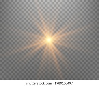 Sunlight lens flare, sun flash with rays and spotlight. Gold glowing burst explosion on a transparent background.  
Vector illustration.