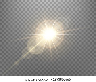 Sunlight lens flare, sun flash with rays and spotlight. Gold glowing burst explosion on a transparent background.  
Vector illustration.