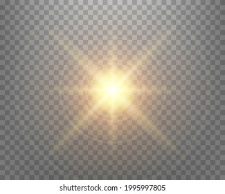 Sunlight lens flare, sun flash with rays and spotlight. Gold glowing burst explosion on a transparent background.  
Vector illustration.