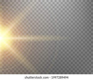 Sunlight lens flare, sun flash with rays and spotlight. Gold glowing burst explosion on a transparent background.  
Vector illustration.