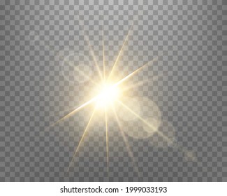 Sunlight lens flare, sun flash with rays and spotlight. Gold glowing burst explosion on a transparent background.  
Vector illustration.