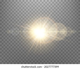 Sunlight lens flare, sun flash with rays and spotlight. Gold glowing burst explosion on a transparent background.  
Vector illustration.