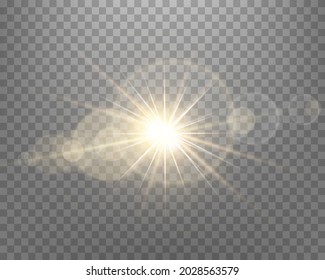 Sonnenlicht Objektiv Fackel, Sonne Blitz mit Strahlen und Licht. Goldene Explosion auf transparentem Hintergrund.  
Vektorgrafik.