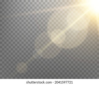 Sunlight lens flare, sun flash with rays and spotlight. Gold glowing burst explosion on a transparent background.  
Vector illustration.