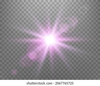 Sunlight lens flare, sun flash with rays and spotlight. Pink glowing burst explosion on a transparent background.  
Vector illustration.