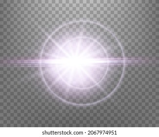 Sunlight lens flare, sun flash with rays and spotlight. Pink glowing burst explosion on a transparent background.  
Vector illustration.