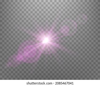 Sunlight lens flare, sun flash with rays and spotlight. Pink glowing burst explosion on a transparent background.  
Vector illustration.