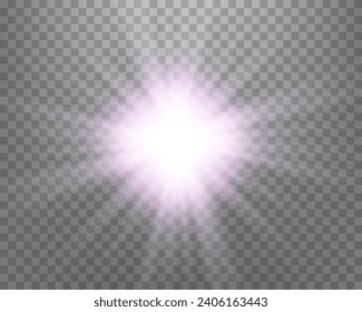 Sunlight lens flare, sun flash with rays and spotlight. Pink glowing burst explosion on a transparent background. Vector illustration.