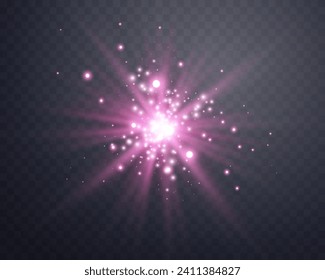 Sunlight lens flare, sun flash with rays and spotlight. Pink glowing burst explosion on a transparent background. Vector illustration.