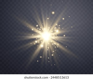 Sunlight lens flare, sun flash with rays and spotlight. Gold glowing burst explosion on a transparent background. Vector illustration.