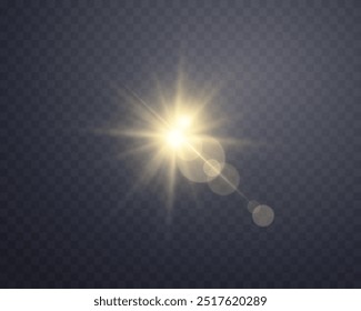 Exacerbação da lente solar, exacerbação solar com raios e luz de spot. Explosão de explosão brilhante dourada em um fundo transparente. Ilustração vetorial.