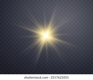 Sunlight lens flare, sun flash with rays and spotlight. Gold glowing burst explosion on a transparent background. Vector illustration.