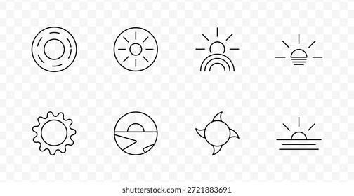 Icono de luz solar y ciclo natural. Los círculos, rayos, arcos, engranajes y líneas del horizonte reflejan varias etapas de la luz solar, el movimiento y los momentos de transición atmosférica