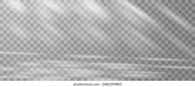 Sunlight on a gray wall, sunbeams in the room, sunny day scene for presentation, png. Sunbeams on a transparent background.	