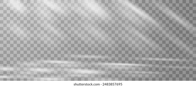 Sunlight on a gray wall, sunbeams in the room, sunny day scene for presentation, png. Sunbeams on a transparent background.	