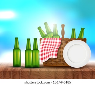 Sunlight on summer sky with wooden picnic table