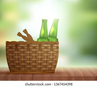 Sunlight on summer sky with wooden picnic table