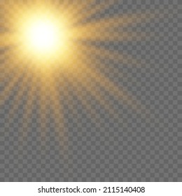 Sunlight on a transparent background. Falling sunlight with glare. Explosive flash with beam, star explosion. Light effect, golden glowing flash with golden sunbeams.
