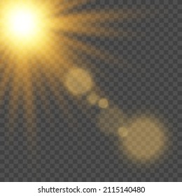 Sunlight on a transparent background. Falling sunlight with glare. Explosive flash with beam, star explosion. Light effect, golden glowing flash with golden sunbeams.