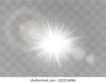 Sunlight on a transparent background. Glow light effects. Star flashed sequins. Sun glare on transparent background. the lens sparkles.